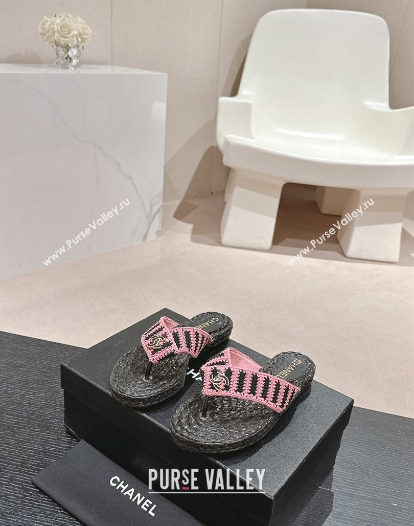 Chanel Knit Flat Thong Slides Sandal Pink/Black 2 2024 0701 (MD-240701131)