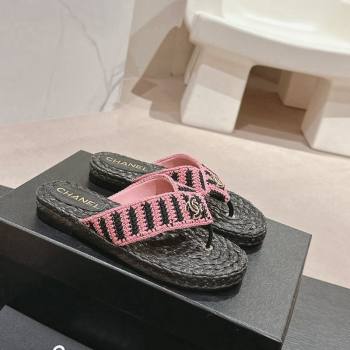 Chanel Knit Flat Thong Slides Sandal Pink/Black 2 2024 0701 (MD-240701131)