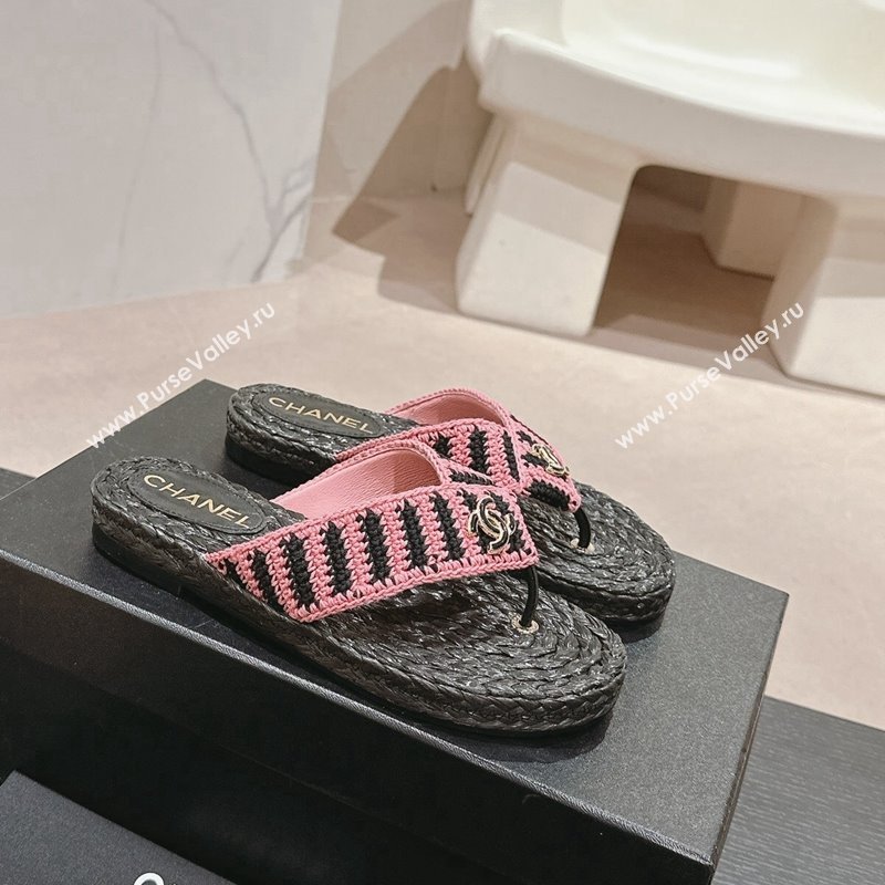 Chanel Knit Flat Thong Slides Sandal Pink/Black 2 2024 0701 (MD-240701131)