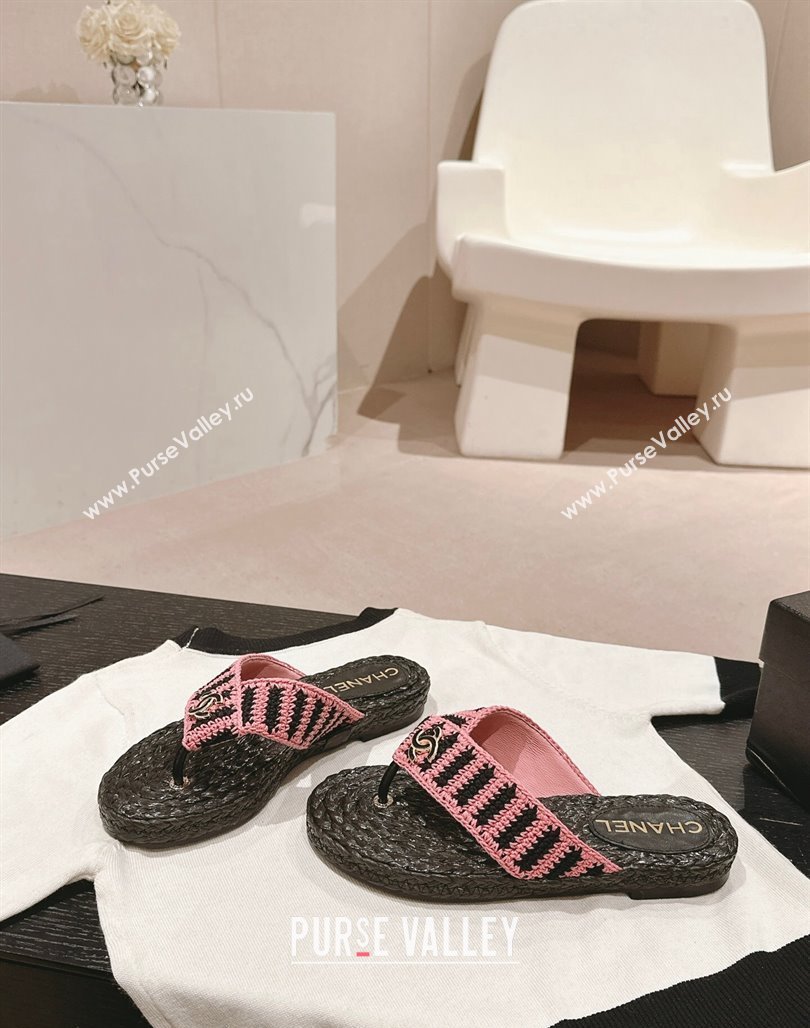 Chanel Knit Flat Thong Slides Sandal Pink/Black 2 2024 0701 (MD-240701131)