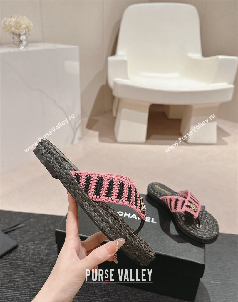 Chanel Knit Flat Thong Slides Sandal Pink/Black 2 2024 0701 (MD-240701131)