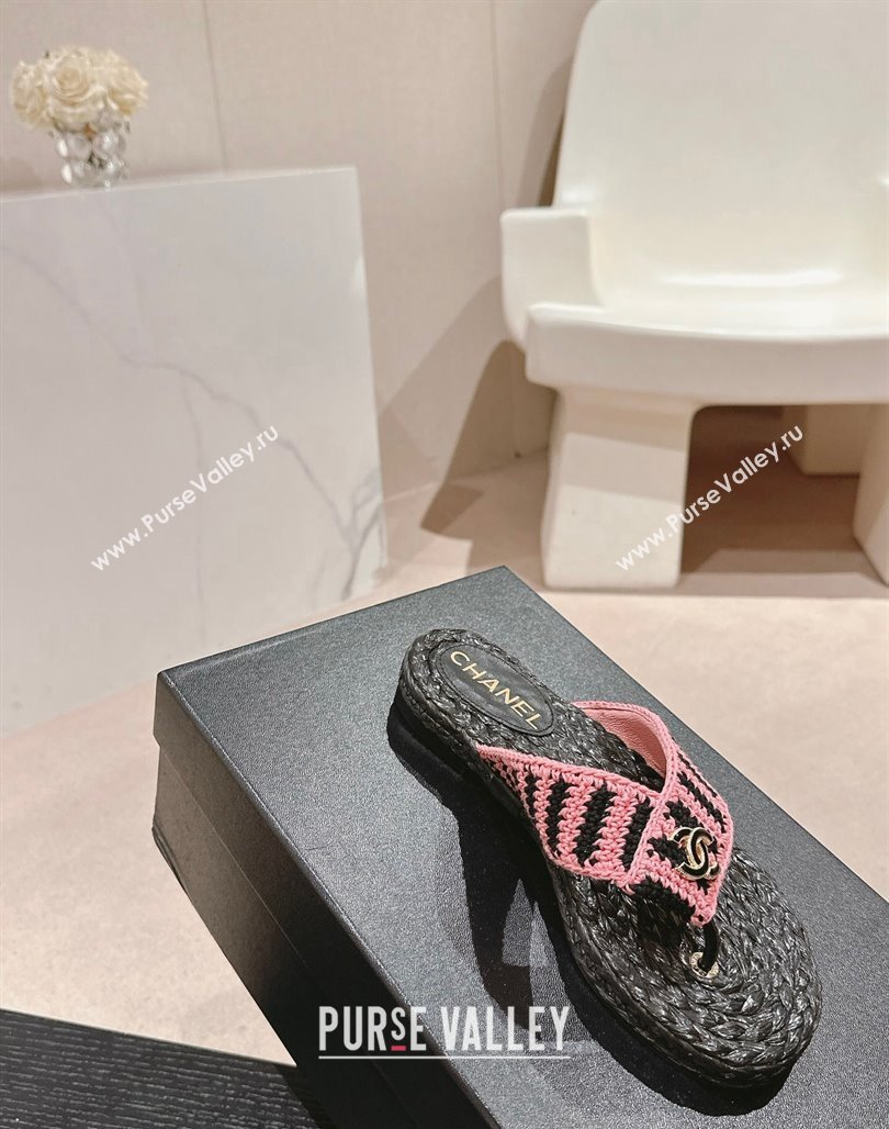 Chanel Knit Flat Thong Slides Sandal Pink/Black 2 2024 0701 (MD-240701131)