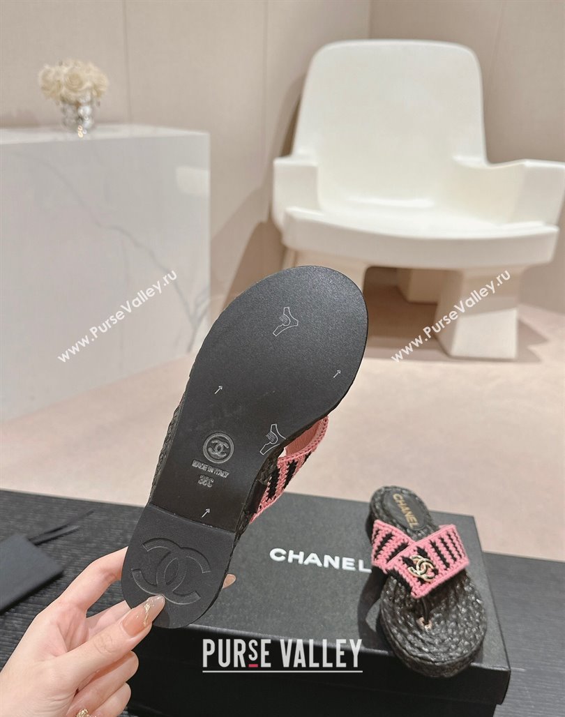 Chanel Knit Flat Thong Slides Sandal Pink/Black 2 2024 0701 (MD-240701131)