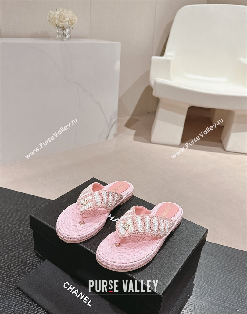 Chanel Knit Flat Thong Slides Sandal Light Pink/White 2024 0701 (MD-240701132)