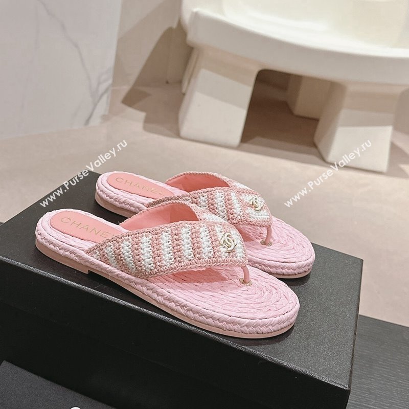 Chanel Knit Flat Thong Slides Sandal Light Pink/White 2024 0701 (MD-240701132)