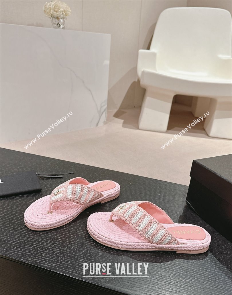 Chanel Knit Flat Thong Slides Sandal Light Pink/White 2024 0701 (MD-240701132)