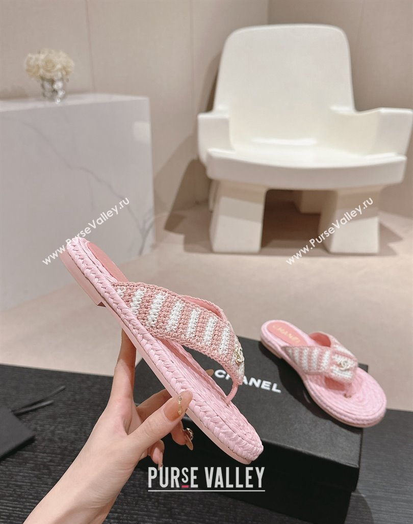 Chanel Knit Flat Thong Slides Sandal Light Pink/White 2024 0701 (MD-240701132)