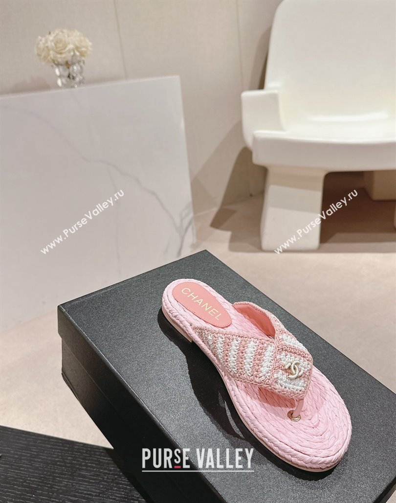 Chanel Knit Flat Thong Slides Sandal Light Pink/White 2024 0701 (MD-240701132)