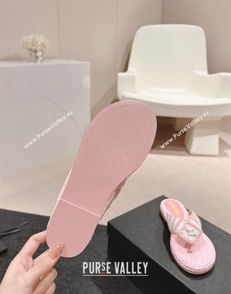 Chanel Knit Flat Thong Slides Sandal Light Pink/White 2024 0701 (MD-240701132)