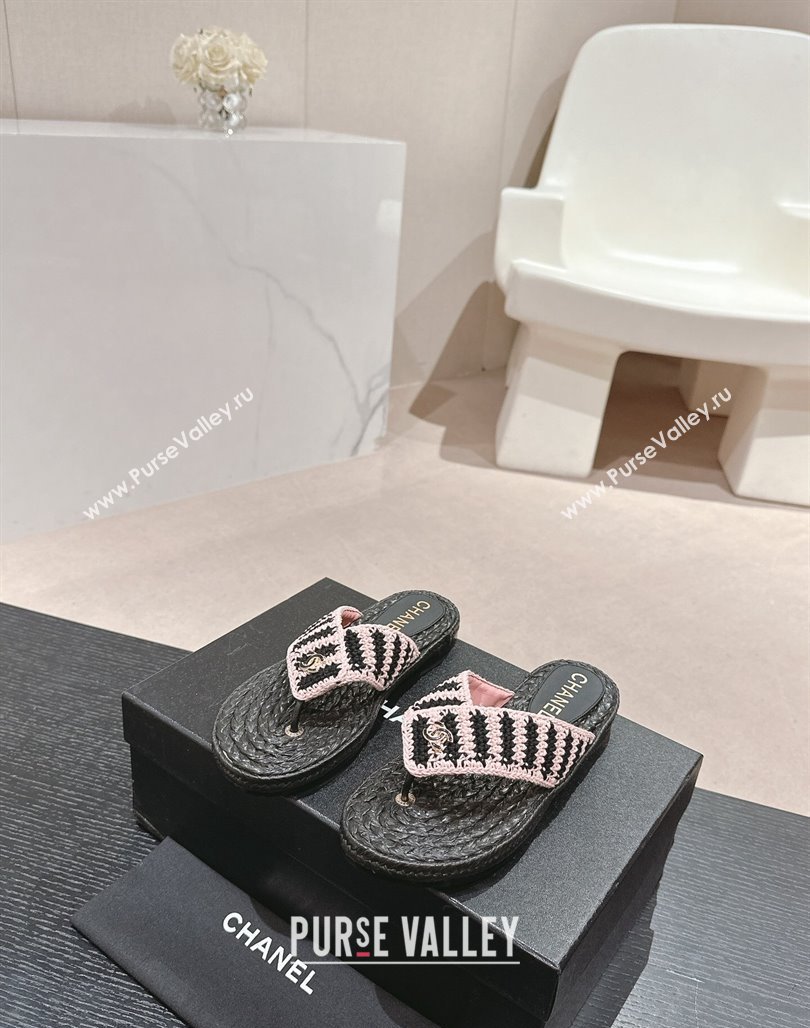 Chanel Knit Flat Thong Slides Sandal Light Pink/Black 2024 0701 (MD-240701133)