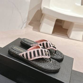 Chanel Knit Flat Thong Slides Sandal Light Pink/Black 2024 0701 (MD-240701133)