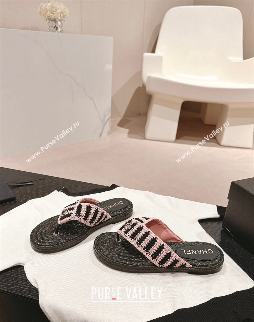 Chanel Knit Flat Thong Slides Sandal Light Pink/Black 2024 0701 (MD-240701133)