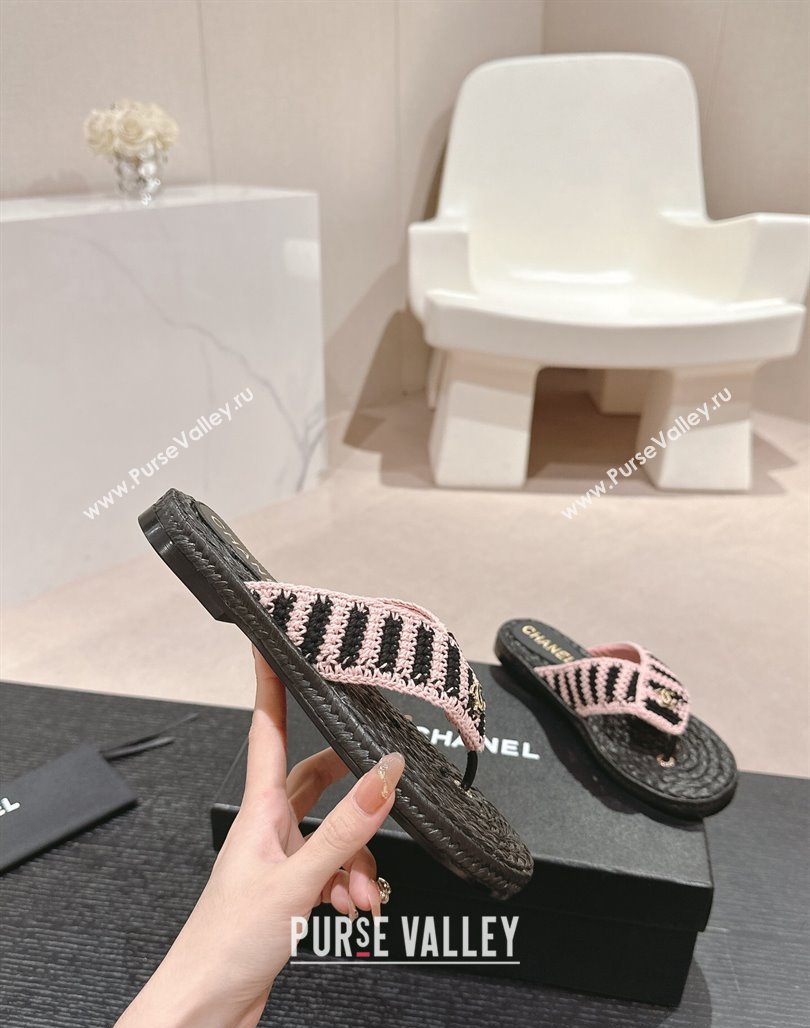 Chanel Knit Flat Thong Slides Sandal Light Pink/Black 2024 0701 (MD-240701133)