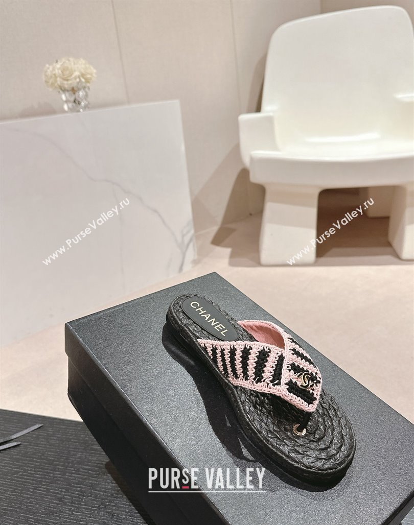 Chanel Knit Flat Thong Slides Sandal Light Pink/Black 2024 0701 (MD-240701133)