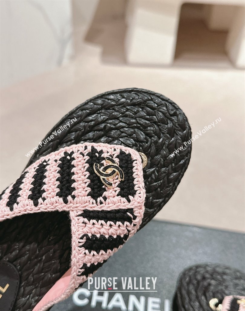 Chanel Knit Flat Thong Slides Sandal Light Pink/Black 2024 0701 (MD-240701133)