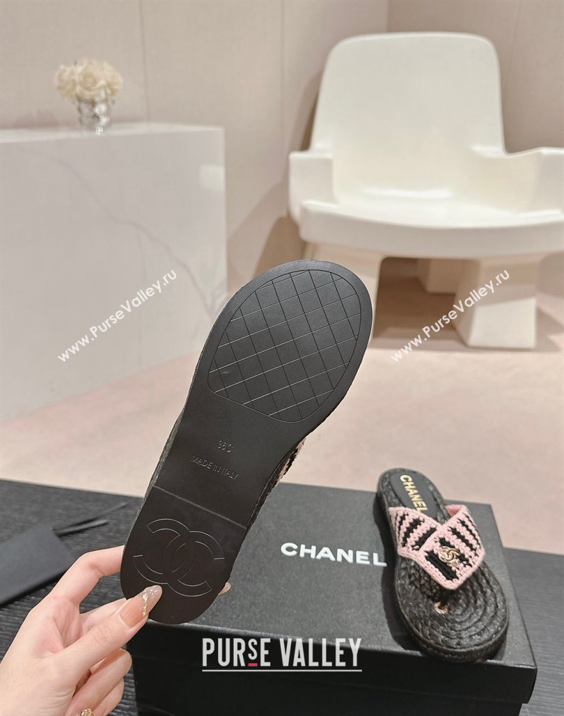 Chanel Knit Flat Thong Slides Sandal Light Pink/Black 2024 0701 (MD-240701133)