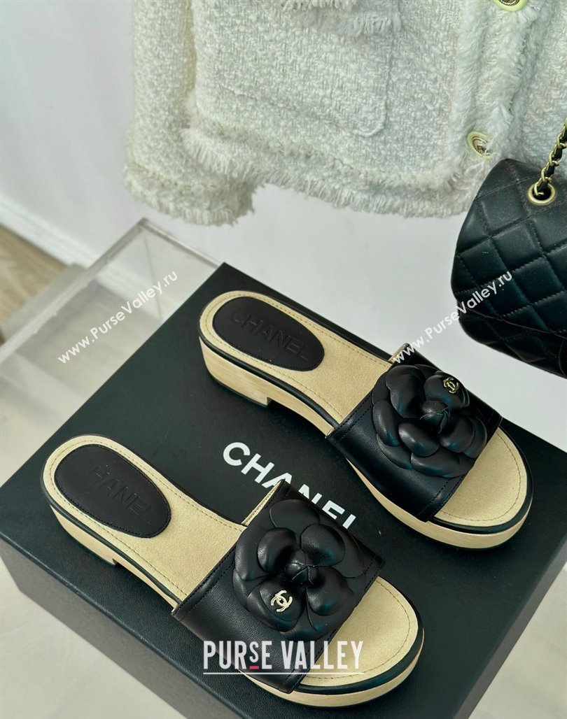 Chanel Calfskin Heel Slides Sandal 4cm with Camellia Bloom Black 2024 0701 (MD-240701138)