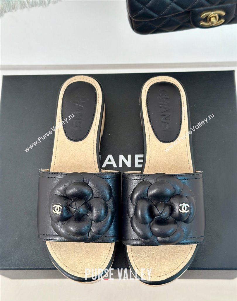 Chanel Calfskin Heel Slides Sandal 4cm with Camellia Bloom Black 2024 0701 (MD-240701138)