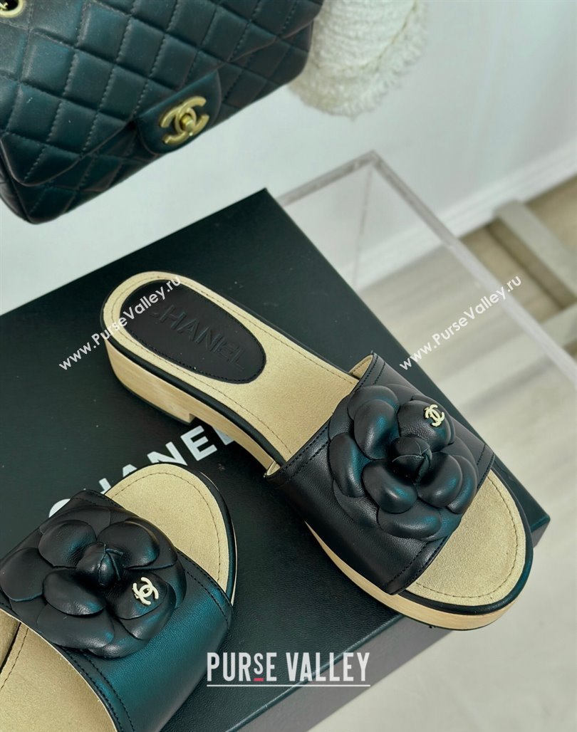 Chanel Calfskin Heel Slides Sandal 4cm with Camellia Bloom Black 2024 0701 (MD-240701138)