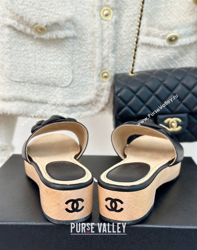 Chanel Calfskin Heel Slides Sandal 4cm with Camellia Bloom Black 2024 0701 (MD-240701138)