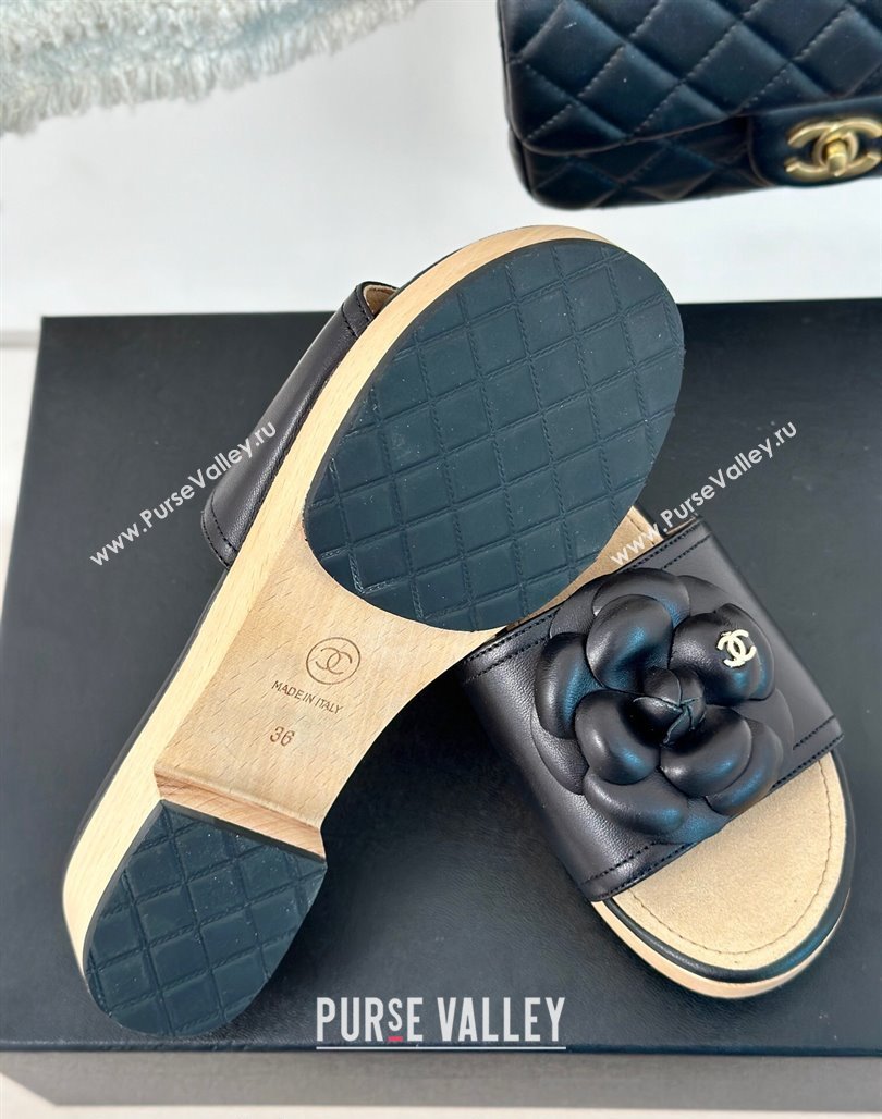 Chanel Calfskin Heel Slides Sandal 4cm with Camellia Bloom Black 2024 0701 (MD-240701138)