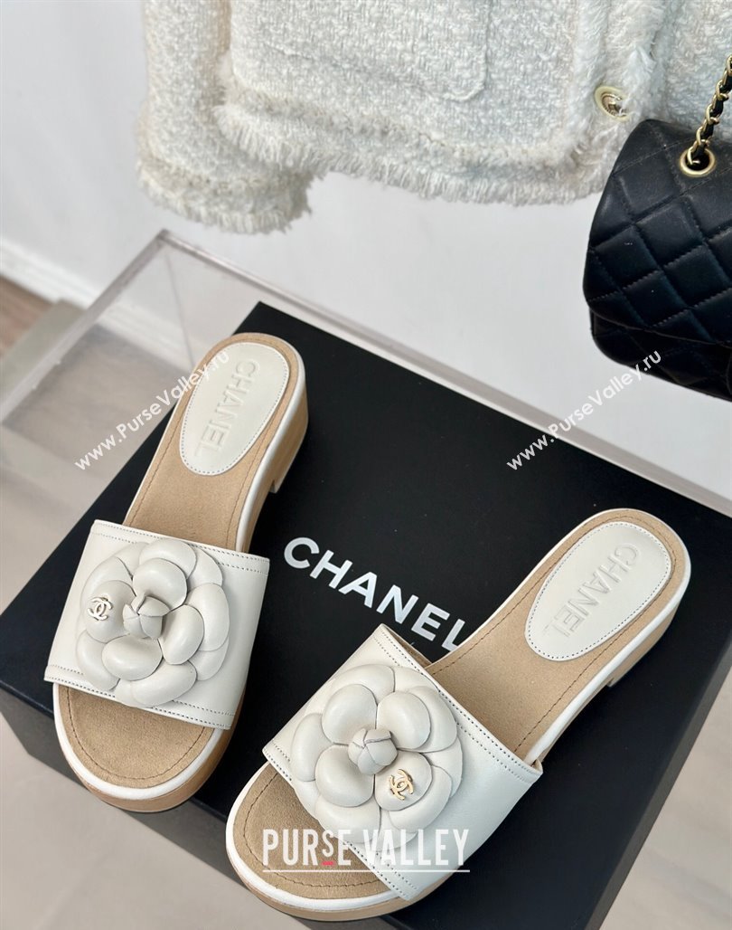 Chanel Calfskin Heel Slides Sandal 4cm with Camellia Bloom White 2024 0701 (MD-240701139)