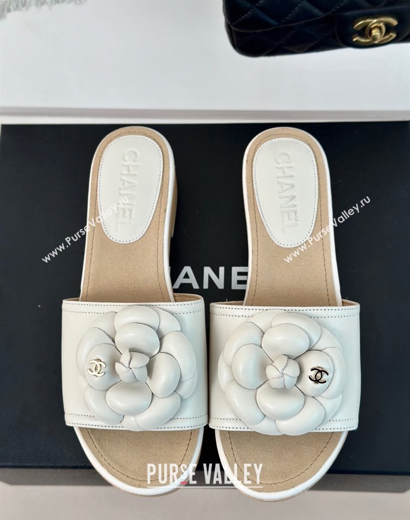 Chanel Calfskin Heel Slides Sandal 4cm with Camellia Bloom White 2024 0701 (MD-240701139)