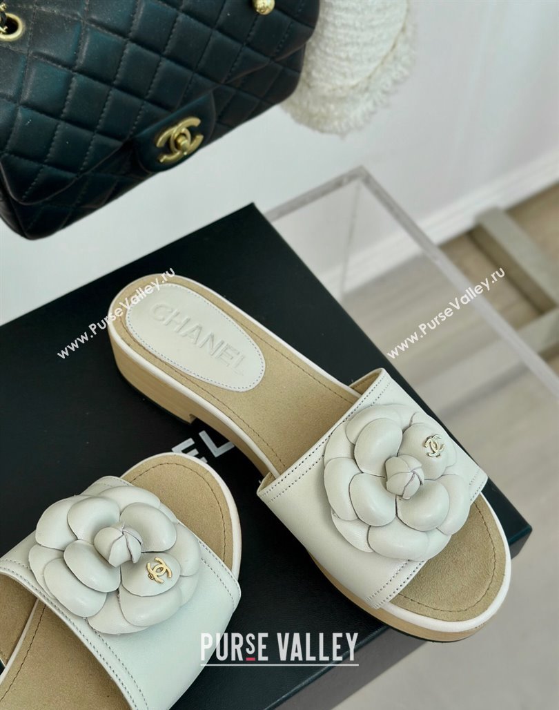 Chanel Calfskin Heel Slides Sandal 4cm with Camellia Bloom White 2024 0701 (MD-240701139)