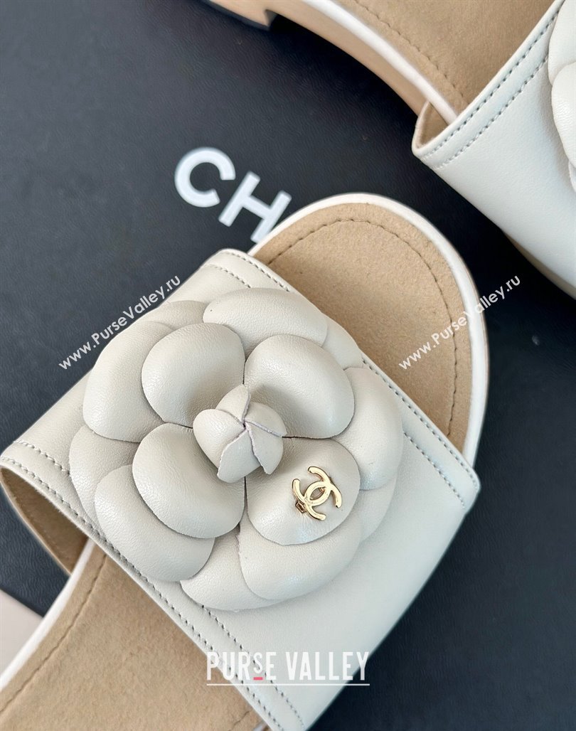 Chanel Calfskin Heel Slides Sandal 4cm with Camellia Bloom White 2024 0701 (MD-240701139)