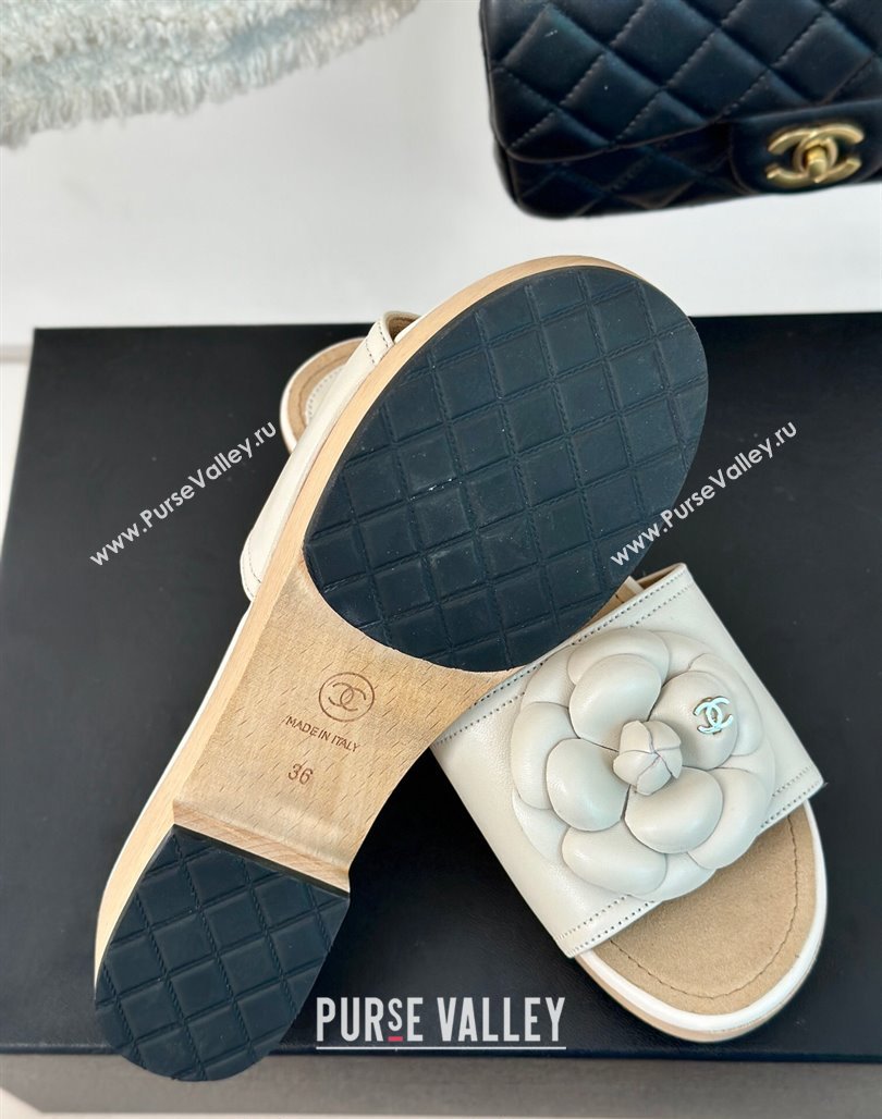 Chanel Calfskin Heel Slides Sandal 4cm with Camellia Bloom White 2024 0701 (MD-240701139)