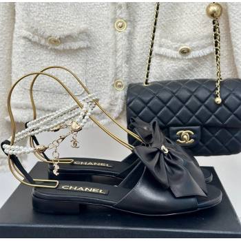 Chanel Lambskin Flat Sandals with Maxi Bow and Pearls Black 2024 G45813 (MD-240629054)