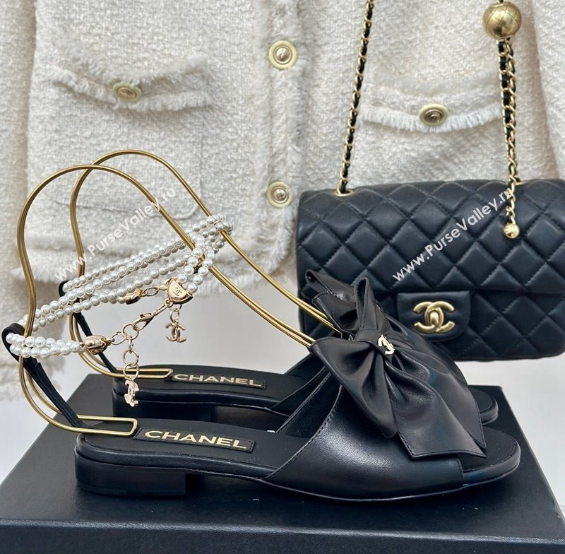 Chanel Lambskin Flat Sandals with Maxi Bow and Pearls Black 2024 G45813 (MD-240629054)