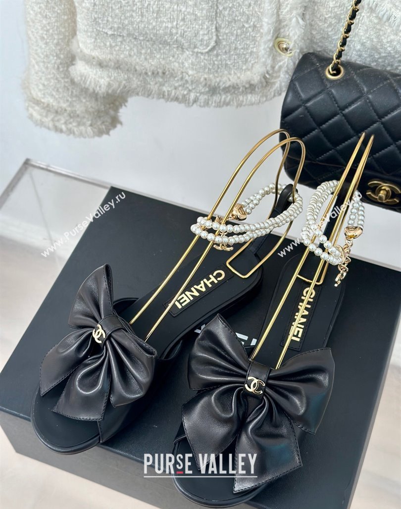 Chanel Lambskin Flat Sandals with Maxi Bow and Pearls Black 2024 G45813 (MD-240629054)