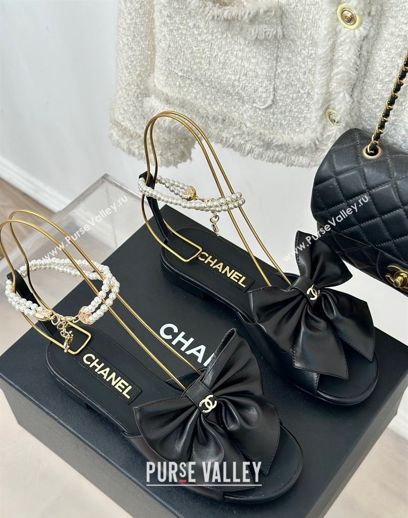 Chanel Lambskin Flat Sandals with Maxi Bow and Pearls Black 2024 G45813 (MD-240629054)