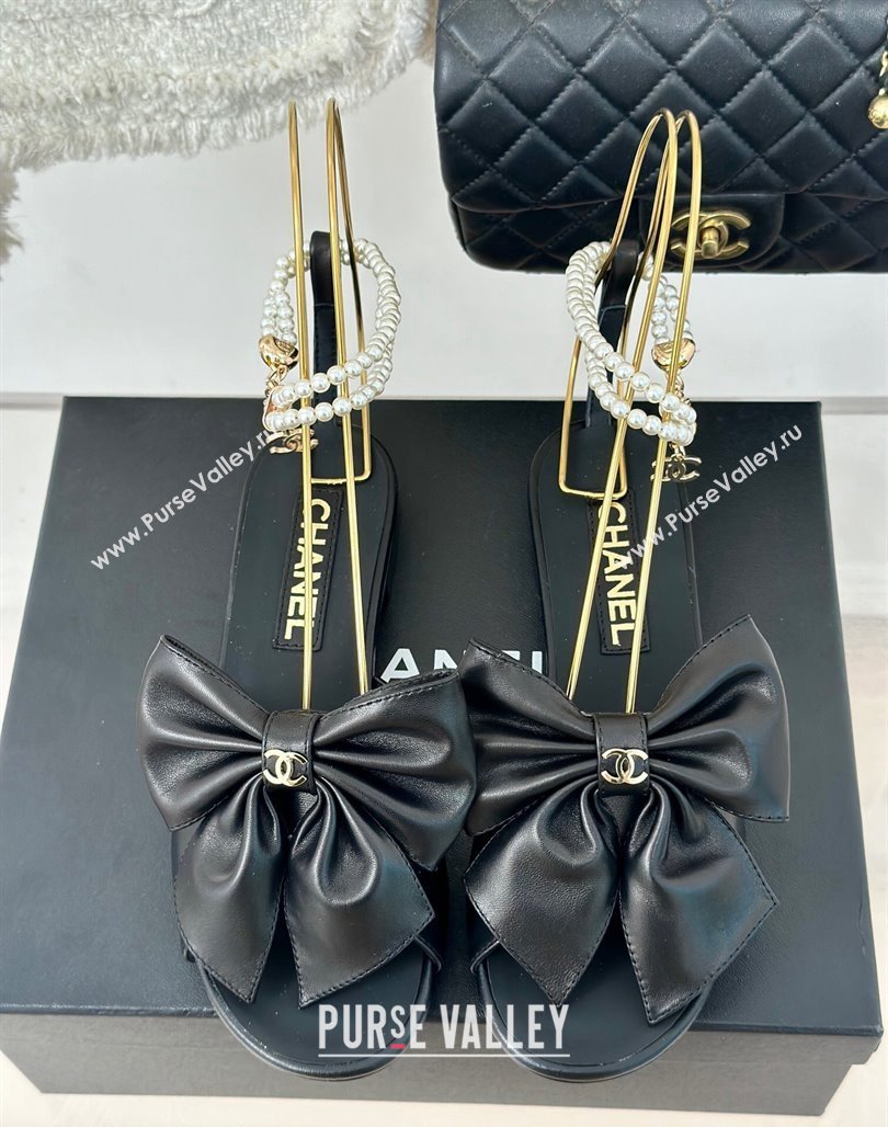 Chanel Lambskin Flat Sandals with Maxi Bow and Pearls Black 2024 G45813 (MD-240629054)