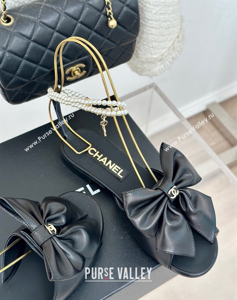 Chanel Lambskin Flat Sandals with Maxi Bow and Pearls Black 2024 G45813 (MD-240629054)