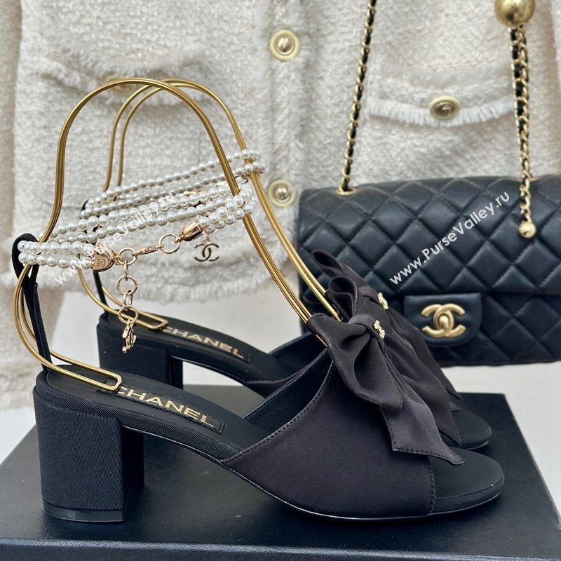 Chanel Silk Heel Sandals 6cm with Maxi Bow and Pearls Black2 2024 G45813 (MD-240629061)