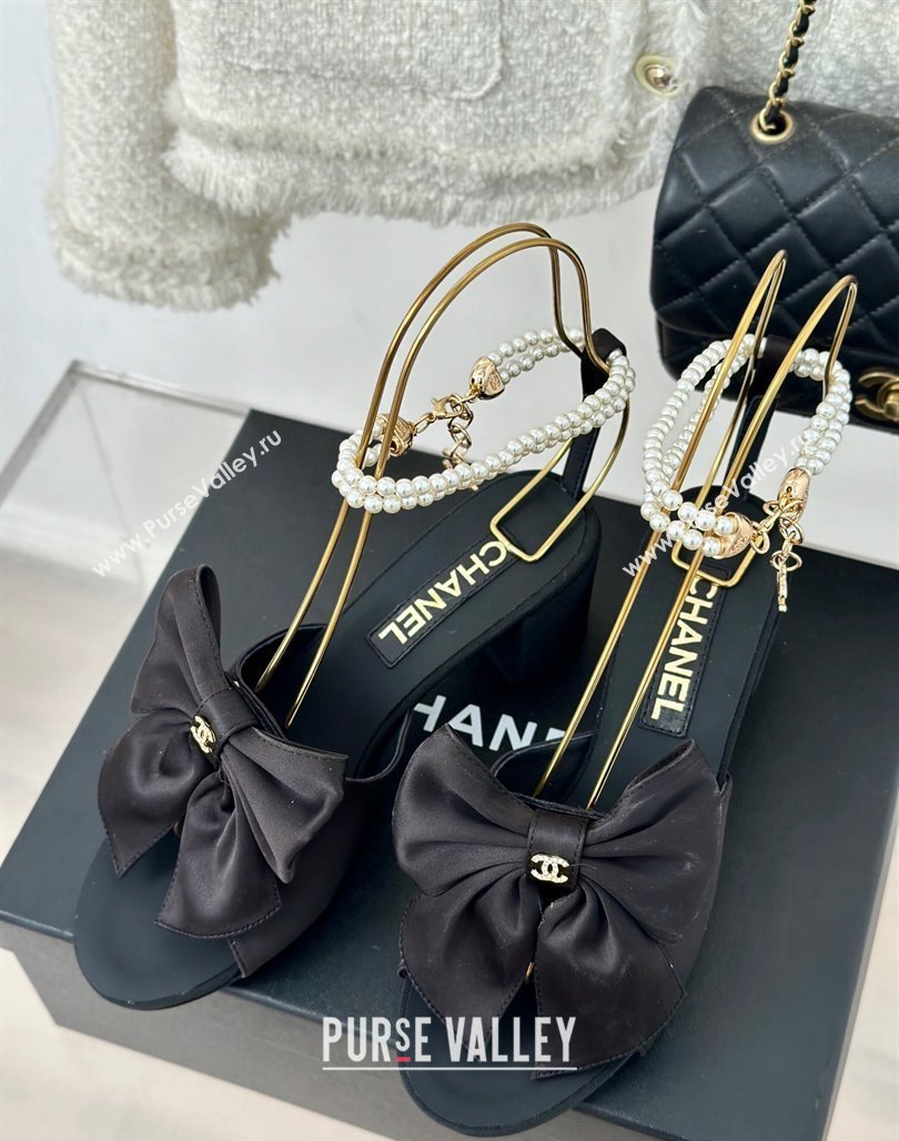 Chanel Silk Heel Sandals 6cm with Maxi Bow and Pearls Black2 2024 G45813 (MD-240629061)