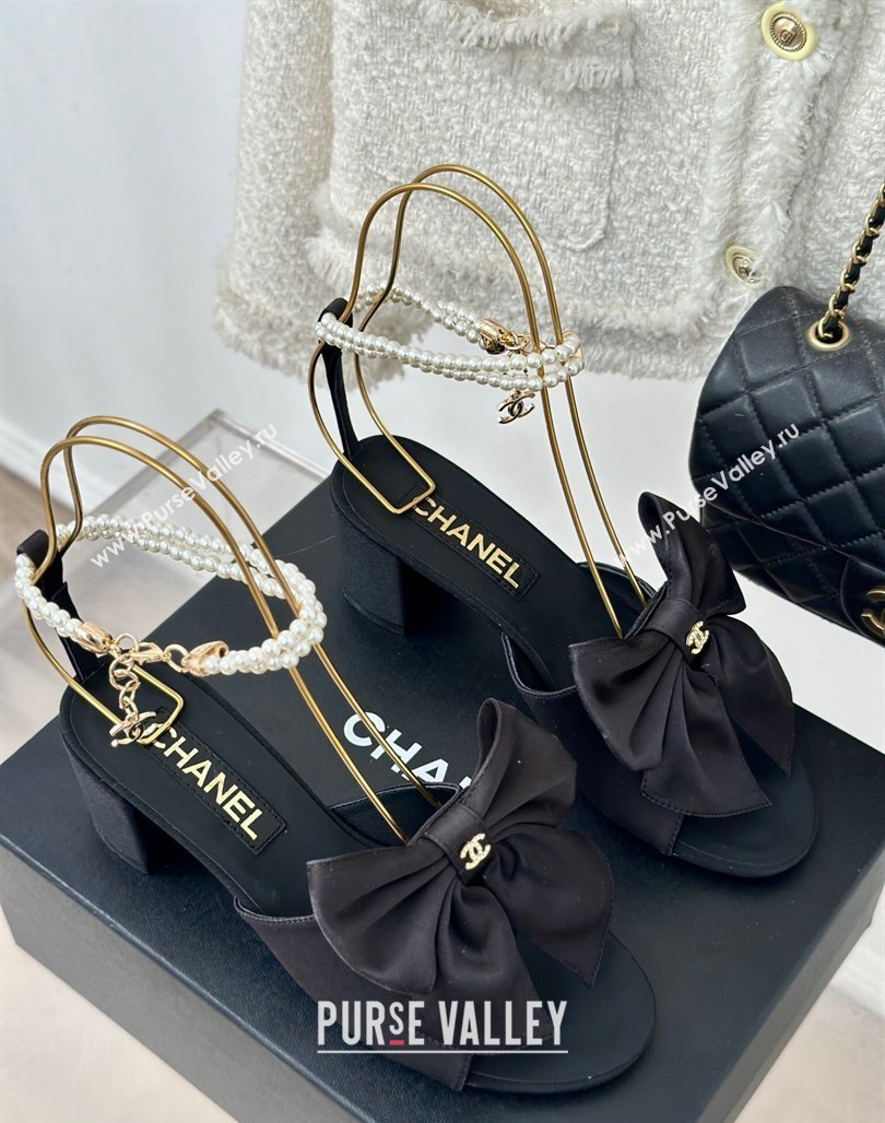 Chanel Silk Heel Sandals 6cm with Maxi Bow and Pearls Black2 2024 G45813 (MD-240629061)