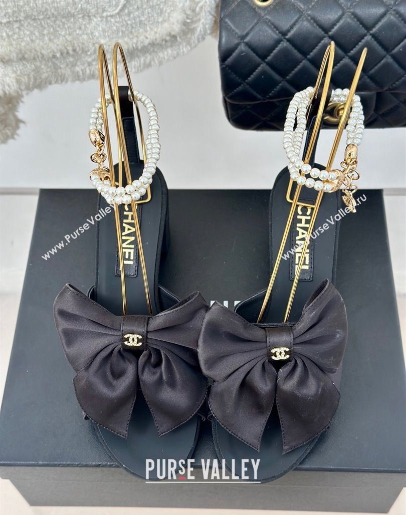 Chanel Silk Heel Sandals 6cm with Maxi Bow and Pearls Black2 2024 G45813 (MD-240629061)