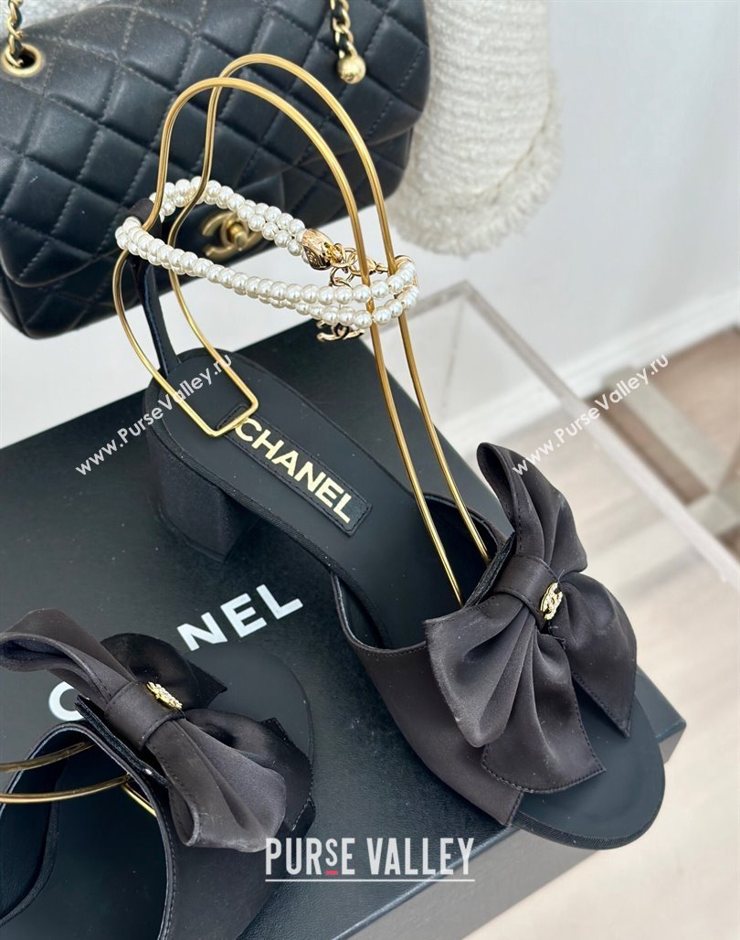 Chanel Silk Heel Sandals 6cm with Maxi Bow and Pearls Black2 2024 G45813 (MD-240629061)