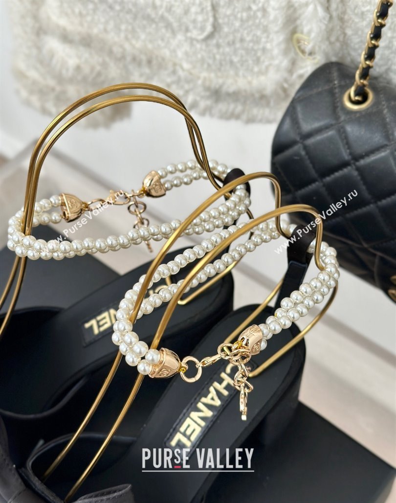 Chanel Silk Heel Sandals 6cm with Maxi Bow and Pearls Black2 2024 G45813 (MD-240629061)