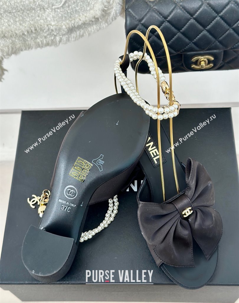 Chanel Silk Heel Sandals 6cm with Maxi Bow and Pearls Black2 2024 G45813 (MD-240629061)