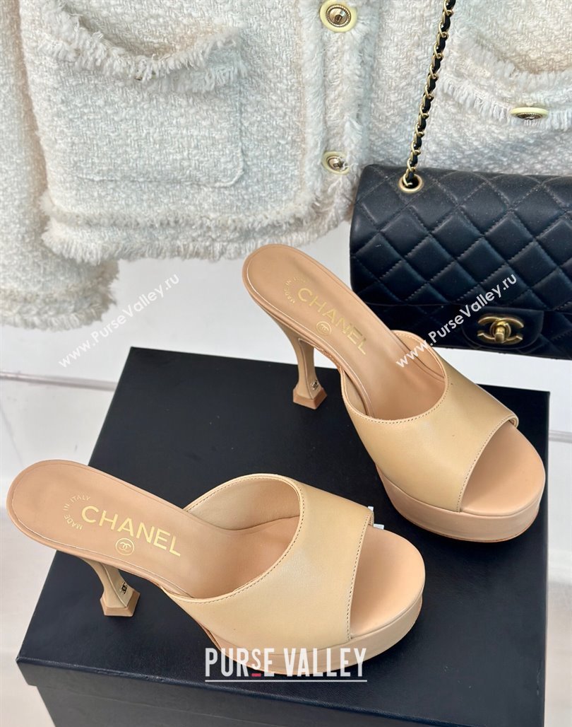 Chanel Lambskin Platform Slides Sandal 9.5cm Beige 2024 0701 (MD-2407003)