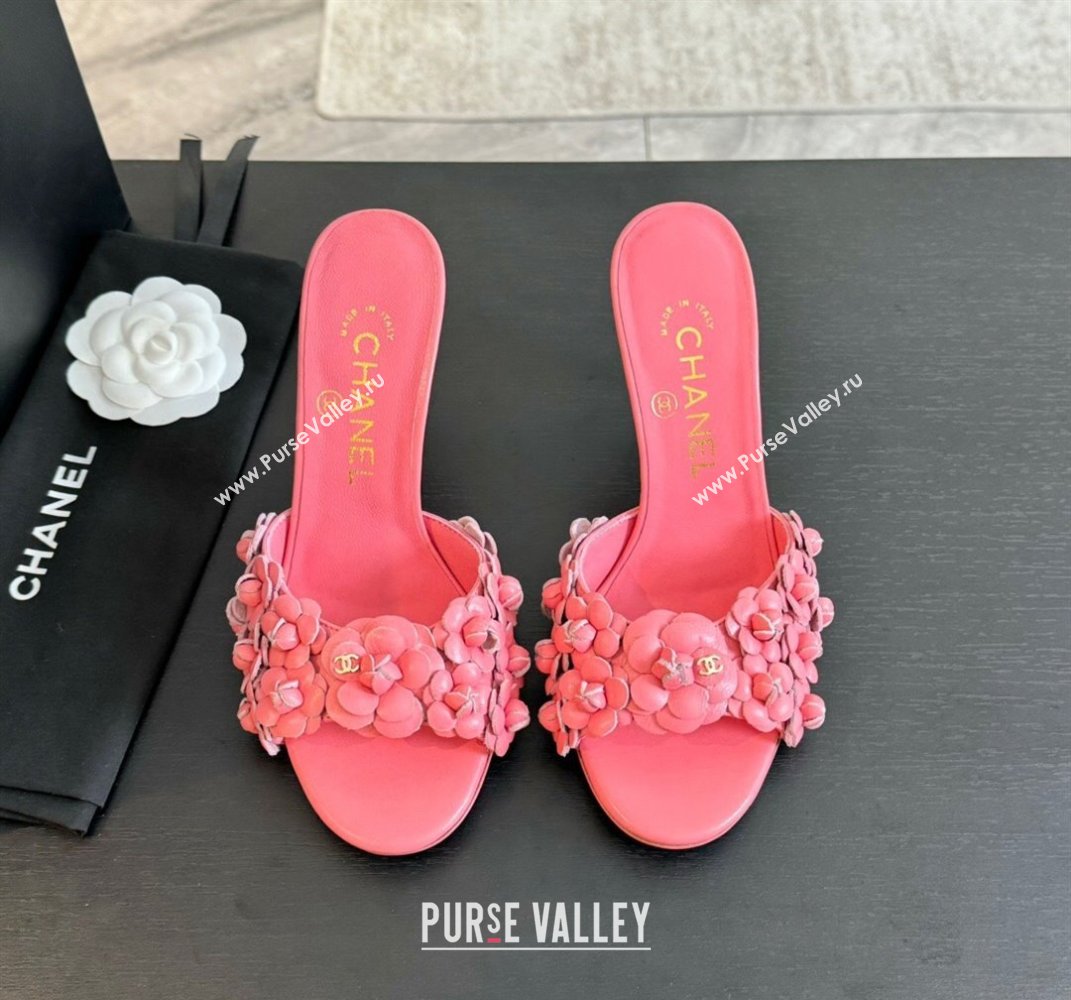 Chanel Lambskin Heel Slides Sandal 8cm with Bloom Pink 2024 0701 (MD-2407022)