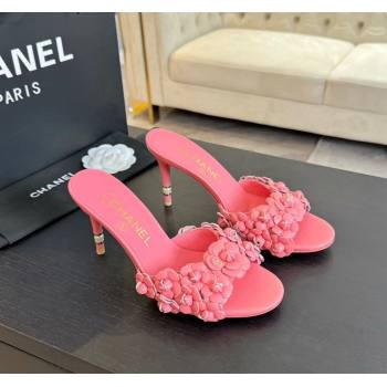 Chanel Lambskin Heel Slides Sandal 8cm with Bloom Pink 2024 0701 (MD-2407022)