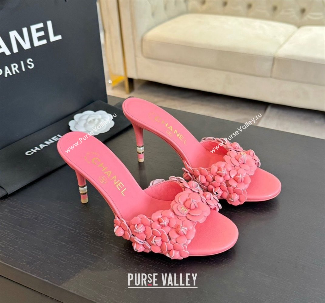 Chanel Lambskin Heel Slides Sandal 8cm with Bloom Pink 2024 0701 (MD-2407022)