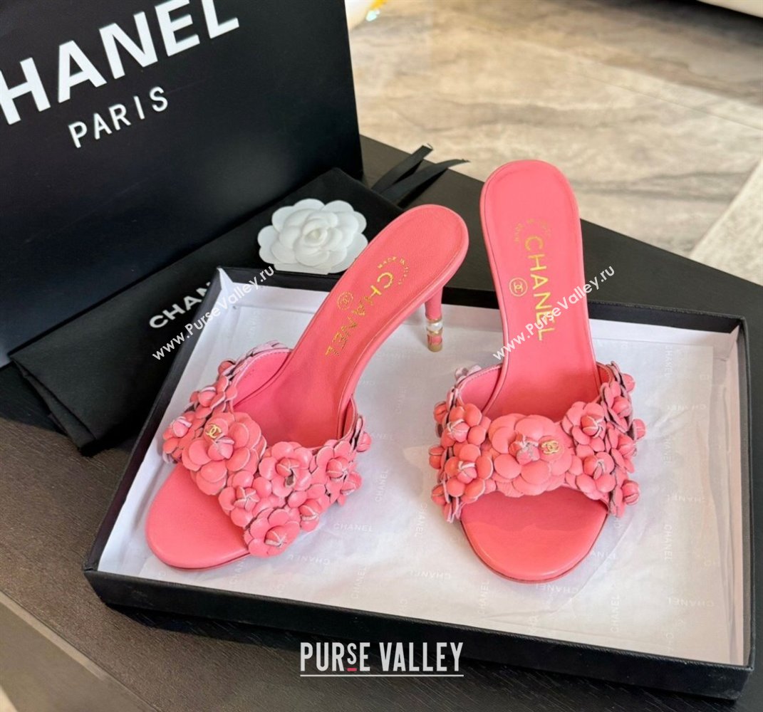 Chanel Lambskin Heel Slides Sandal 8cm with Bloom Pink 2024 0701 (MD-2407022)