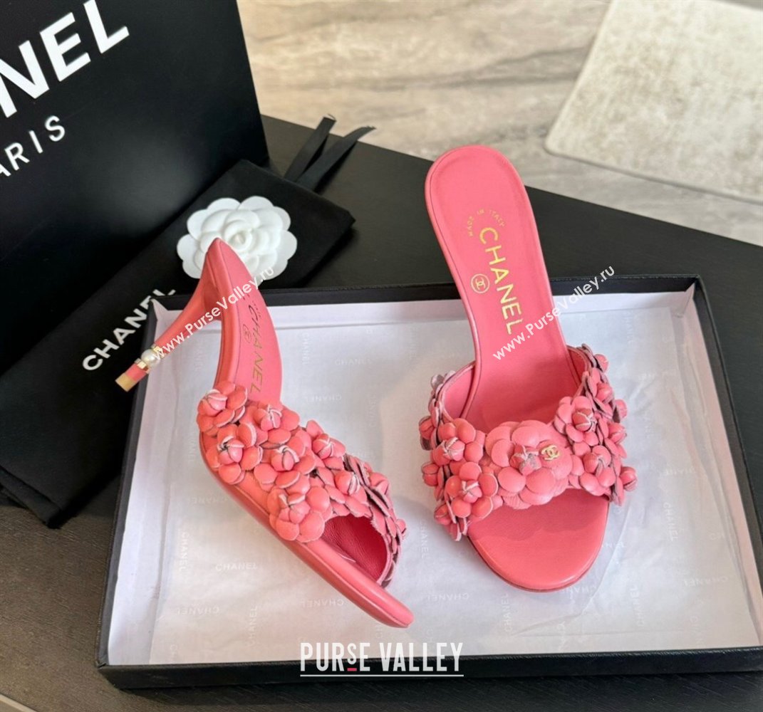 Chanel Lambskin Heel Slides Sandal 8cm with Bloom Pink 2024 0701 (MD-2407022)