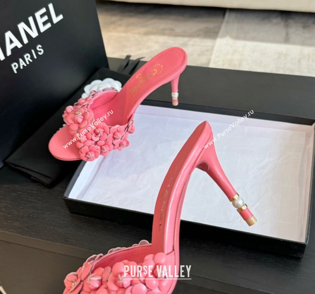 Chanel Lambskin Heel Slides Sandal 8cm with Bloom Pink 2024 0701 (MD-2407022)